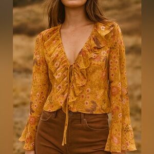 Forever21 Floral Ruffle Bell Sleeve Tie‎ Front Boho Fairy Blouse Size Large NWT